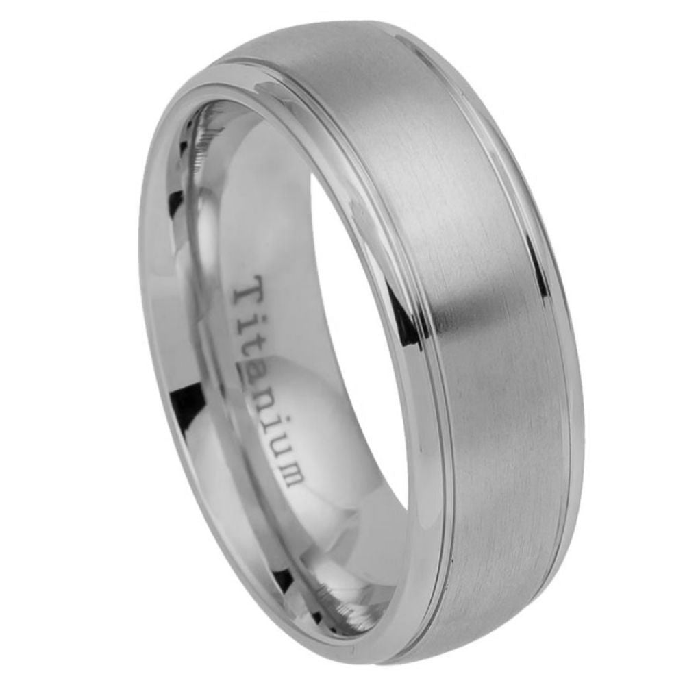 8mm Titanium Ring Brushed Center Shiny Grooved Edge Wedding Band Ring