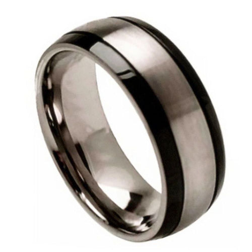 8mm Titanium Ring Brushed Center and Black Grooved Sides Wedding Band Ring