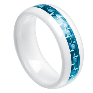 8mm White Ceramic Domed Ring with Aquamarine Carbon Fiber Inlay Wedding Band Ring