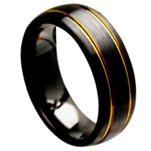 Load image into Gallery viewer, 8mm Black Ceramic Ring Domed Brushed Center with Yellow Gold Tone Pinstripe sides Wedding Band Ring