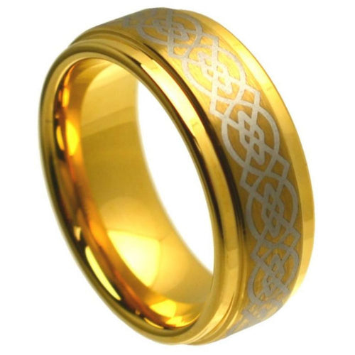 8mm Tungsten Carbide Yellow Gold Tone IP Plated High Polished Laser Engraved Celtic Knot Pattern