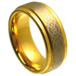 8mm Tungsten Carbide Yellow Gold Tone IP Plated High Polished Laser Engraved Celtic Knot Pattern