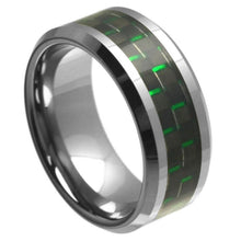 Load image into Gallery viewer, 9mm Tungsten Carbide High Polish with Green &amp; Black Carbon Fiber Inlay Beveled Edge Wedding Ring