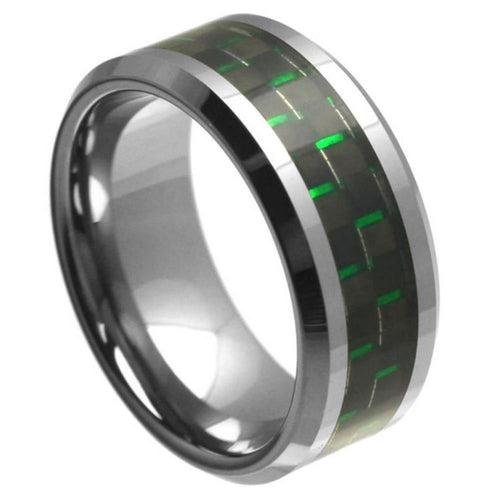 9mm Tungsten Carbide High Polish with Green & Black Carbon Fiber Inlay Beveled Edge Wedding Ring