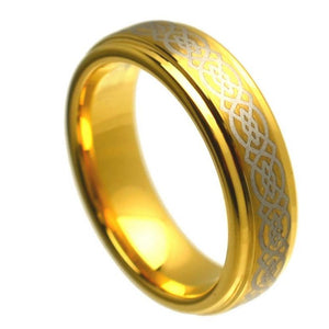 6mm Tungsten Carbide Yellow Gold Plated Stepped Edge High Polish Laser Engraved Celtic Ring
