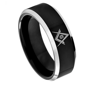 8mm Tungsten Carbide Black IP Plated High Polish Laser Engraved Freemasonry Masonic Compass Ring