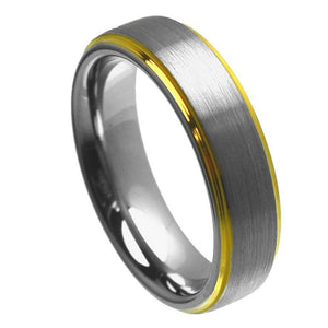 6mm Tungsten Carbide Brushed Center Yellow Gold Plated High Polish Stepped Edge Wedding Band Ring