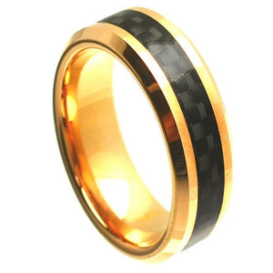 8mm Tungsten Carbide Yellow Gold Plated High Polish with Black Carbon Fiber Inlay Beveled Edge