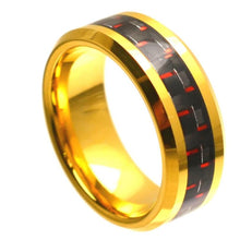 Load image into Gallery viewer, 8mm Tungsten Carbide Yellow Gold Plated High Polish with Red &amp; Black Carbon Fiber Inlay Beveled Edge