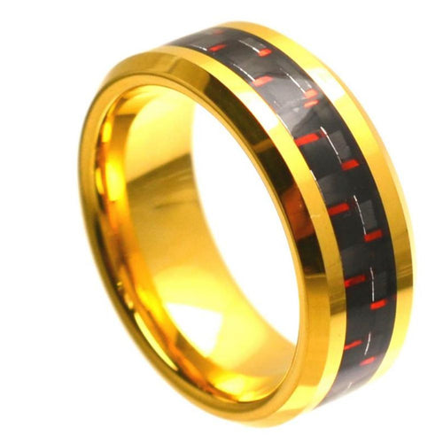 8mm Tungsten Carbide Yellow Gold Plated High Polish with Red & Black Carbon Fiber Inlay Beveled Edge