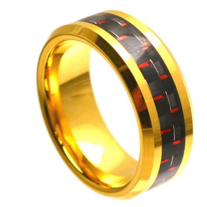 8mm Tungsten Carbide Yellow Gold Plated High Polish with Red & Black Carbon Fiber Inlay Beveled Edge