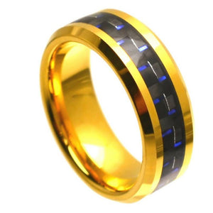 8mm Tungsten Carbide Yellow Gold Plated High Polish with Blue & Black Carbon Fiber Inlay Ring