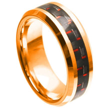 Load image into Gallery viewer, 8mm Tungsten Carbide Rose Gold Plated High Polish with Red &amp; Black Carbon Fiber Inlay Beveled Edge