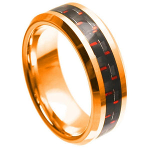 8mm Tungsten Carbide Rose Gold Plated High Polish with Red & Black Carbon Fiber Inlay Beveled Edge