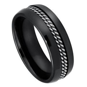 8mm High Polished Domed Black Ceramic Ring with Double Rope Stainless Steel Inlay Wedding Band Ring