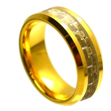 Load image into Gallery viewer, 8mm Tungsten Carbide Yellow Gold Tone IP Plated High Polished with Golden Carbon Fiber Inlay Ring