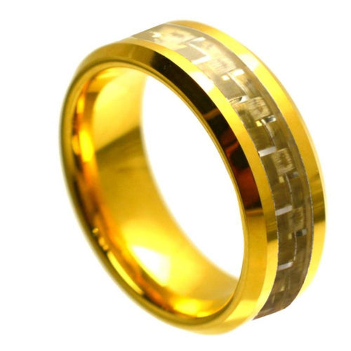 8mm Tungsten Carbide Yellow Gold Tone IP Plated High Polished with Golden Carbon Fiber Inlay Ring