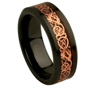 8mm Flat Black Ceramic High Polished with Rose Gold Tone IP Plated Celtic Dragon Inlay Beveled Edge