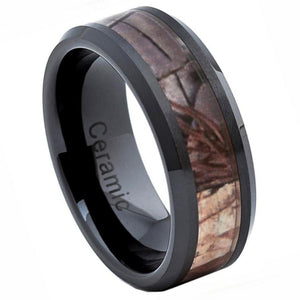 8mm Black Ceramic High Polished with Forest Floor Foliage Camo Inlay Beveled Edge Wedding Band Ring