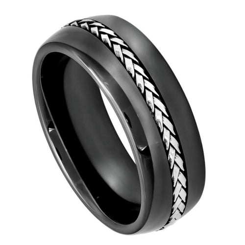 8mm High Polished Domed Black Ceramic Ring with Braided Stainless Steel Inlay Wedding Band Ring