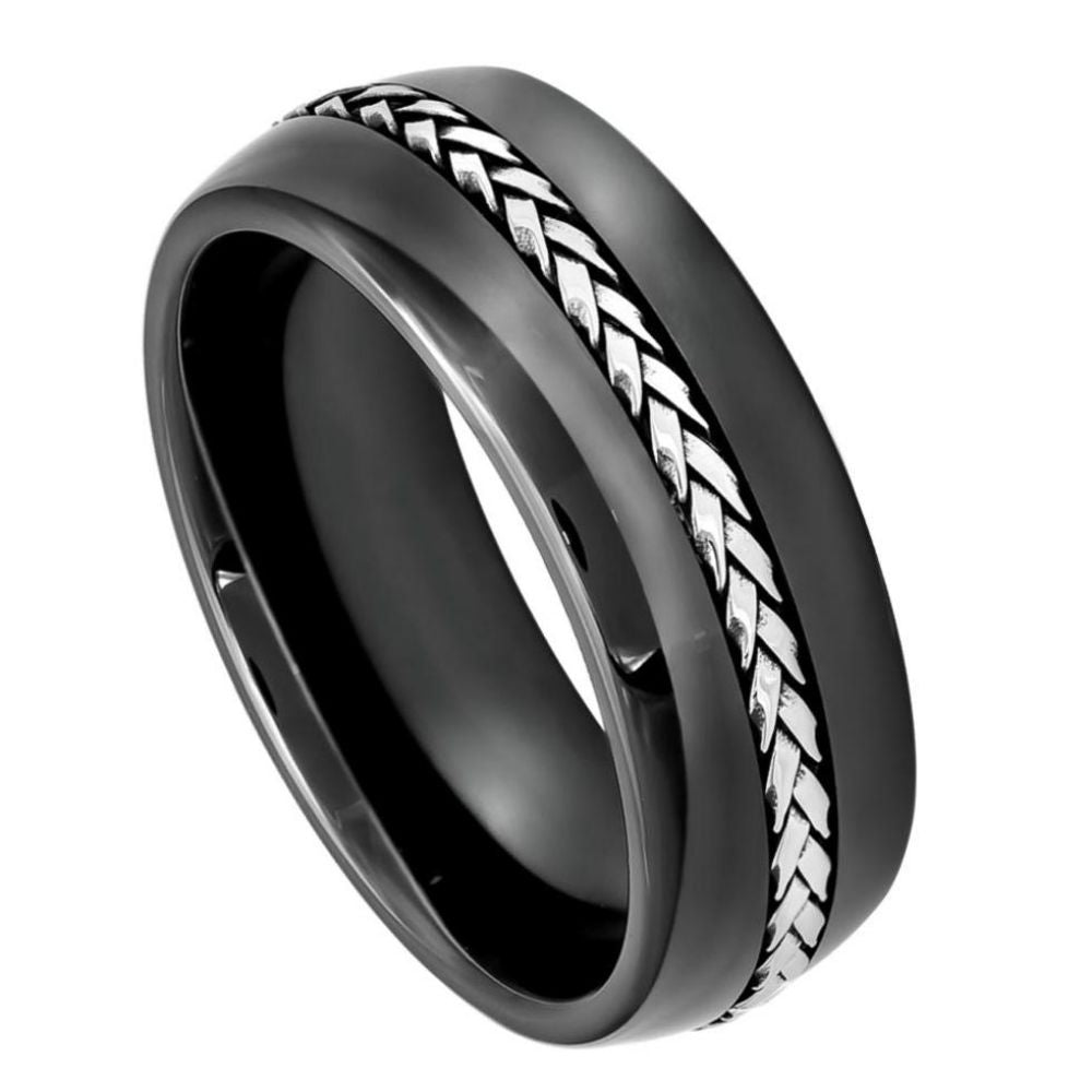 8mm High Polished Domed Black Ceramic Ring with Braided Stainless Steel Inlay Wedding Band Ring