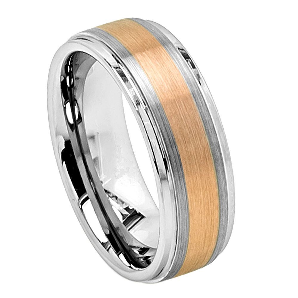 8mm Tungsten Carbide Copper Tone IP Plated Flat Brushed Center with High Polished Stepped Edge
