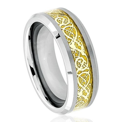 8mm Tungsten Carbide Shiny Beveled Edge with Golden Celtic Dragon Cut-out Inlay Wedding Band Ring