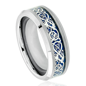 8mm Tungsten Carbide Shiny Beveled Edge with Blue Celtic Dragon Cut-out Inlay Wedding Band Ring