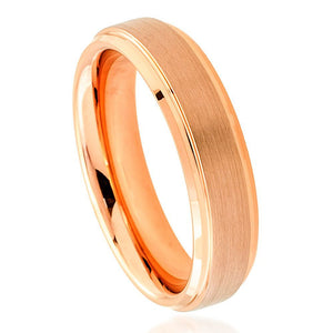6mm Tungsten Carbide Rose Gold IP Plated Flat Brushed Center with High Polished Stepped Edge Ring