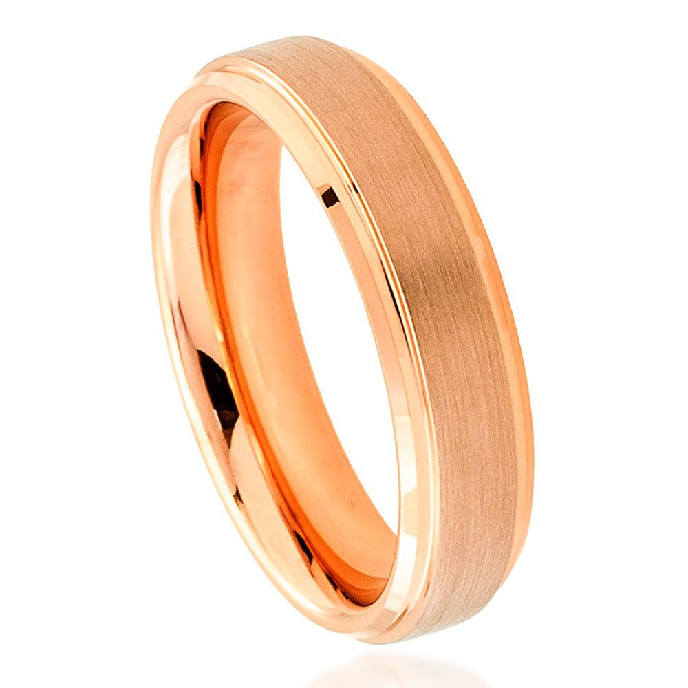 6mm Tungsten Carbide Rose Gold IP Plated Flat Brushed Center with High Polished Stepped Edge Ring