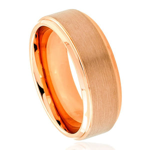 8mm Tungsten Carbide Rose Gold IP Plated Flat Brushed Center with High Polished Stepped Edge