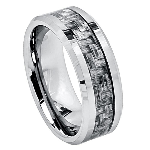 8mm Tungsten Carbide Dark Grey Carbon Fiber Weave Inlay Wedding Band Ring