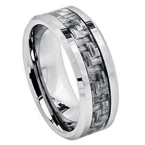8mm Tungsten Carbide Dark Grey Carbon Fiber Weave Inlay Wedding Band Ring