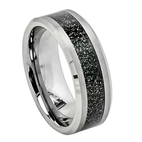 8mm Tungsten Carbide Shiny Beveled Edge with Black Sandstone Carbon Fiber Inlay Wedding Band Ring