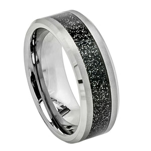 8mm Tungsten Carbide Shiny Beveled Edge with Black Sandstone Carbon Fiber Inlay Wedding Band Ring