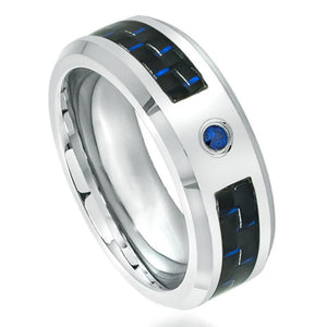 8mm Tungsten Carbide Blue Carbon Fiber Inlay, Shiny Finish Shiny Beveled Edge Wedding Band Ring