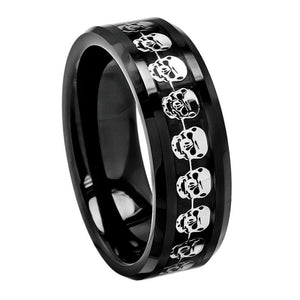 8mm High Polished Black Carbon Fiber Cut-Out Skull Symbol Inlay Beveled Edge Wedding Band Ring