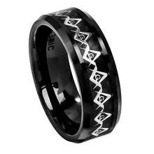 Load image into Gallery viewer, 8mm High Polished Black Carbon Fiber Cut-Out Masonic Symbol Inlay over Black Carbon Fiber Ring