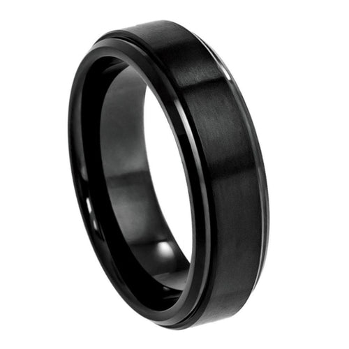 6mm Cobalt Ring Black IP Plated Flat Brushed Center with High Polished Stepped Edge Wedding Ring