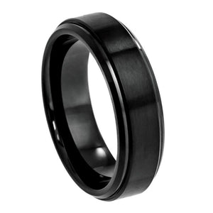 6mm Cobalt Ring Black IP Plated Flat Brushed Center with High Polished Stepped Edge Wedding Ring