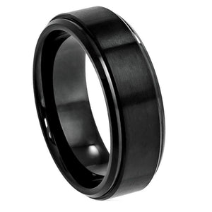 8mm Cobalt Ring Black IP Plated Brushed Center High Polished Stepped Edge Wedding Band Ring