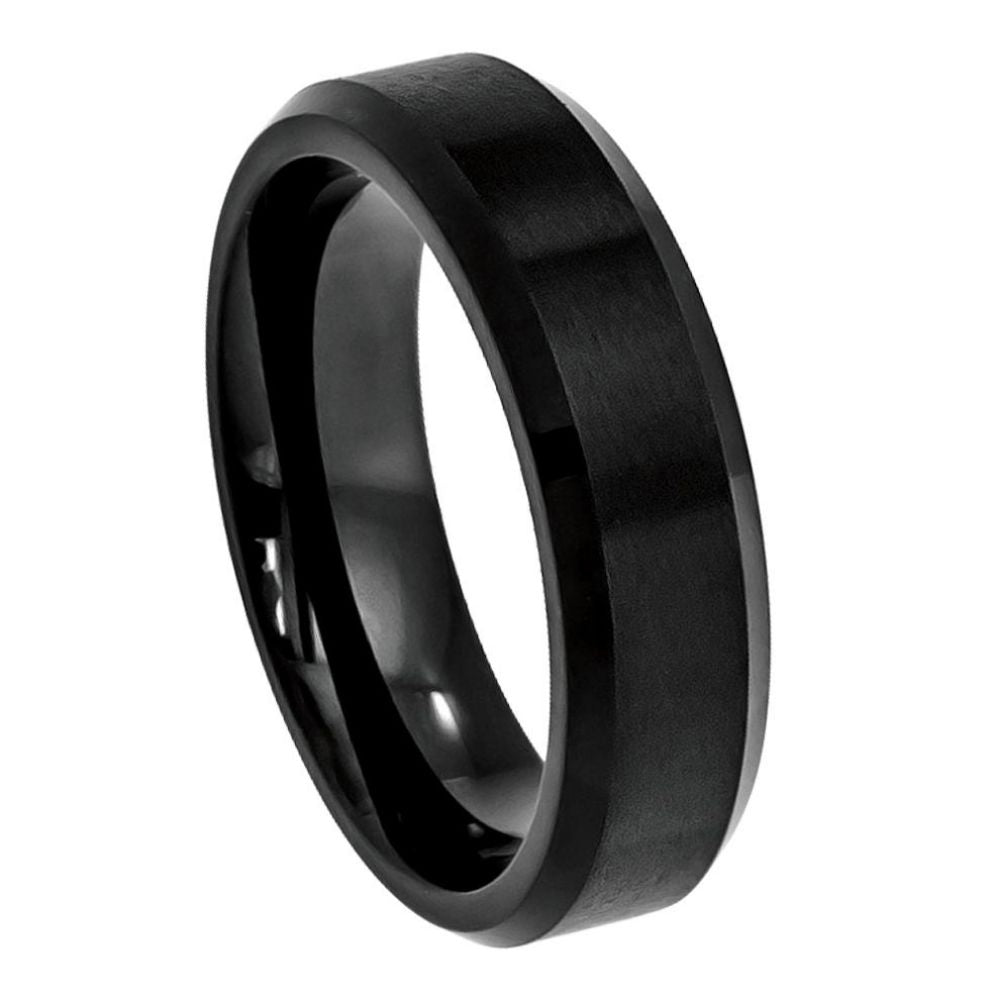 6mm Cobalt Ring Black IP Plated Brushed Center High Polished Beveled Edge Wedding Band Ring