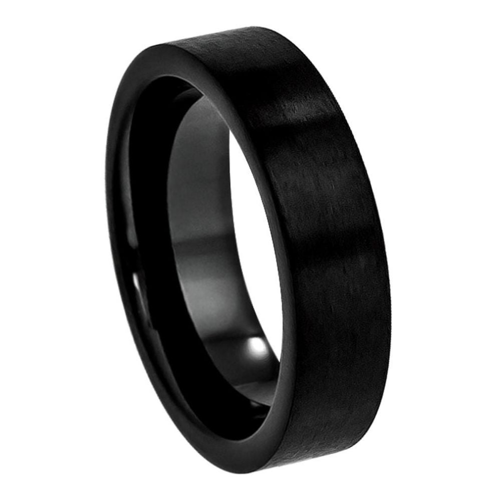 6mm Cobalt Ring Black IP Plated Flat Brushed Pipe Cut Wedding Band Ring