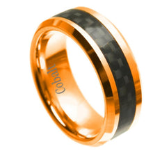 Load image into Gallery viewer, 8mm Cobalt Ring High Polished Rose Gold Tone IP Plated with Black Carbon Fiber Inlay Beveled Edge