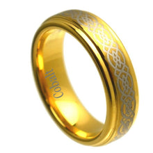 Load image into Gallery viewer, 6mm Cobalt Ring Yellow Gold Tone IP Plated Stepped Edge High Polished Laser Engraved Celtic Knot