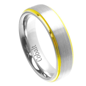 6mm Cobalt Ring Yellow Gold Tone IP Plated Shiny Edge Brushed un-Plated Center Wedding Band Ring