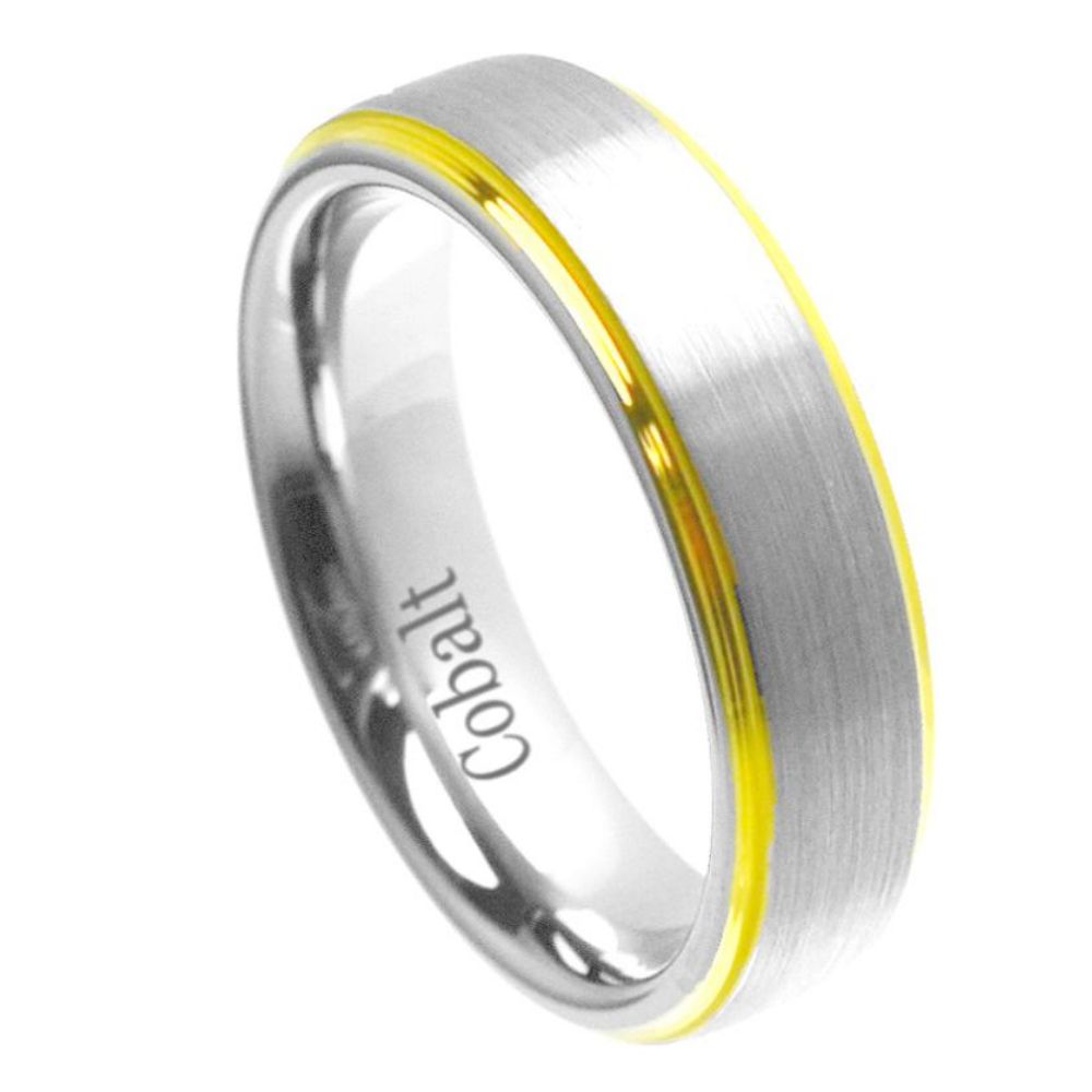 6mm Cobalt Ring Yellow Gold Tone IP Plated Shiny Edge Brushed un-Plated Center Wedding Band Ring