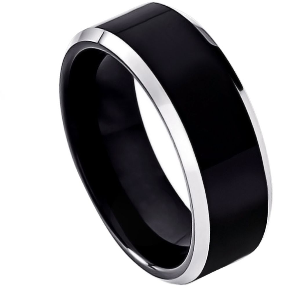 8mm Cobalt Ring Black IP Plated High Polished Center non-Plated High Polished Beveled Edge