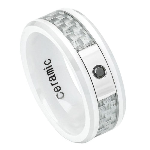 8mm High Polished White Ceramic Gray Carbon Fiber Inlay, Beveled Edge Wedding Band Ring