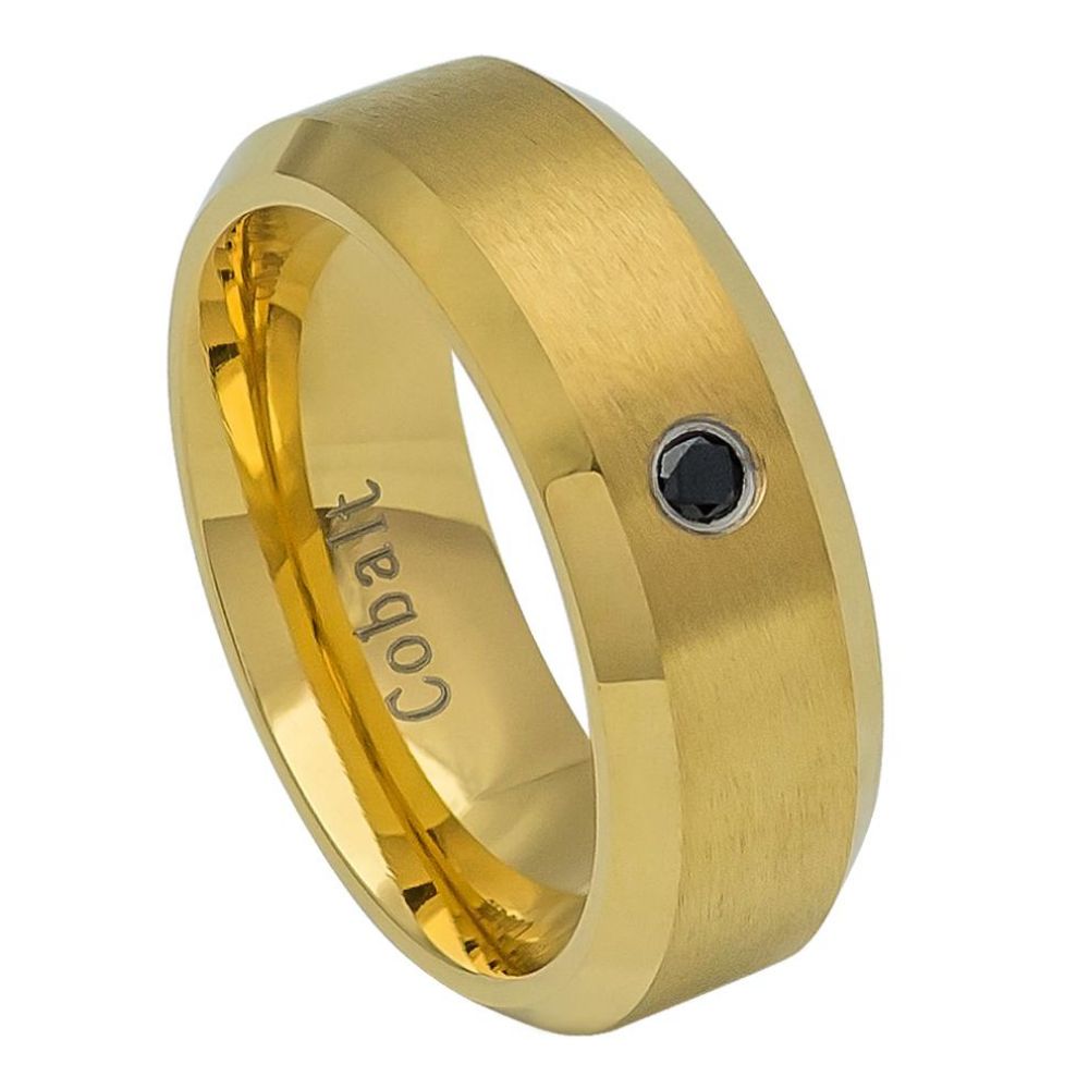 8mm Yellow Gold IP Plated Brushed Finish High Polished Beveled Edge Wedding Band Ring